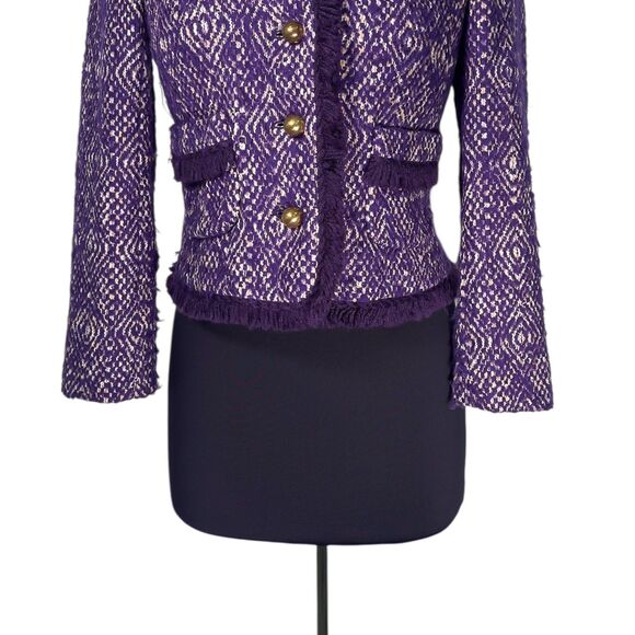 J. Crew Women's Jacket Purple Fringe Textured Wool Blend Gold Button Coat Size 2 - Picture 6 of 9